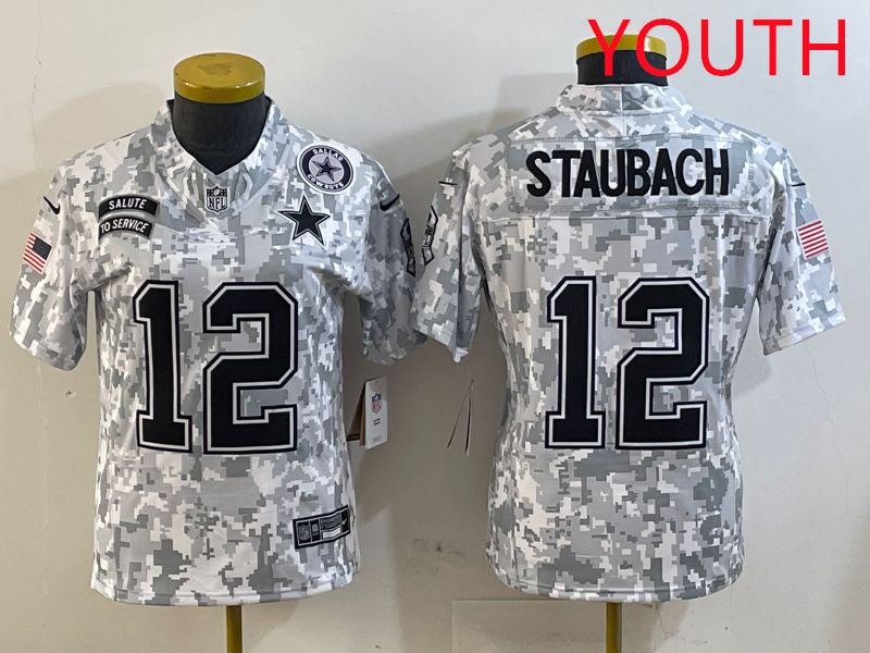 Youth Dallas Cowboys #12 Staubach Camo Nike Olive Salute To Service Limited NFL Jersey style 2->philadelphia eagles->NFL Jersey